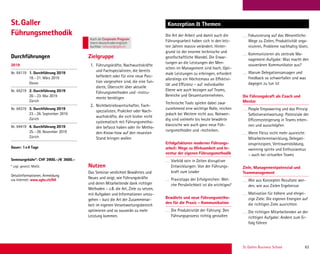 St. Gallen Business School 63
Durchführungen Zielgruppe
Konzeption  ThemenSt.Galler
Führungsmethodik Die Art der Arbeit und damit auch die
Führungsarbeit haben sich in den letz-
ten Jahren massiv verändert. Hinter-
grund ist der enorme technische und
gesellschaftliche Wandel. Die Erwar-
tungen an die Leistungen der Men-
schen im Management sind hoch. Opti-
male Leistungen zu erbringen, erfordert
allerdings ein Höchstmass an Effektivi-
tät und Effizienz – auf individueller
Ebene wie auch bezogen auf Teams,
Bereiche und Gesamtunternehmen.
Technische Tools spielen dabei zwar
zunehmend eine wichtige Rolle, reichen
jedoch bei Weitem nicht aus. Notwen-
dig sind vielmehr bis heute bewährte
klassische wie auch ganz neue Füh-
rungsmethoden und -techniken.
Erfolgsfaktoren moderner Führungs-
arbeit: Wege zu Wirksamkeit und In-
ventur der eigenen Führungsmethodik
Vorbild sein in Zeiten disruptiver
Entwicklungen: Von der Führungs-
kraft zum Leader
Praxistipps der Erfolgreichen: Wel-
che Persönlichkeit ist die «richtige»?
Bewährte und neue Führungsmetho-
den für die Praxis – Kommunikation
Die Produktivität der Führung: Den
Führungsprozess richtig gestalten
2019
Nr. 64119 1. Durchführung 2019
18.–21. März 2019
Davos
Nr. 64219 2. Durchführung 2019
20.–23. Mai 2019
Zürich
Nr. 64319 3. Durchführung 2019
23.–26. September 2019
Zürich
Nr. 64419 4. Durchführung 2019
25.–28. November 2019
Zürich
Dauer: 1x4 Tage
Seminargebühr*: CHF 3900.–/€ 3600.–
* zzgl. gesetzl. MwSt.
Detailinformationen, Anmeldung
via Internet: www.sgbs.ch/64
1. Führungskräfte, Nachwuchskräfte
und Fachspezialisten, die bereits
befördert oder für eine neue Posi-
tion vorgesehen sind, die eine fun-
dierte, Übersicht über aktuelle
Führungsmethoden und -instru-
mente benötigen
2. Nichtbetriebswirtschafter, Fach-
spezialisten, Praktiker oder Nach-
wuchskräfte, die sich bisher nicht
systematisch mit Führungsmetho-
den befasst haben oder ihr Metho-
den-Know-how auf den neuesten
Stand bringen wollen
Fokussierung auf das Wesentliche:
Wege zu Zielen, Produktivität orga-
nisieren, Probleme nachhaltig lösen,
Kommunizieren als zentrale Ma-
nagement-Aufgabe: Was macht den
souveränen Kommunikator aus?
Warum Delegationsansagen und
Feedback so schwerfallen und was
dagegen zu tun ist
Die Führungskraft als Coach und
Mentor
People Empowering und das Prinzip
Selbstverantwortung: Potenziale der
Effizienzsteigerung in Teams erken-
nen und ausschöpfen
Wenn Fleiss nicht mehr ausreicht:
Mitarbeiterentwicklung, Delegati-
onsprinzipien, Vertrauensbildung,
«winning spirit» und Enthusiasmus
– auch bei virtuellen Teams
Ziele, Managementpotenzial und
Teammanagement
Wie aus Konzepten Resultate wer-
den, wie aus Zielen Ergebnisse
Motivation für höhere und ehrgei-
zige Ziele: Die eigenen Energien auf
die richtigen Ziele ausrichten
Die richtigen Mitarbeitenden an der
richtigen Aufgabe: Andere zum Er-
folg führen
Nutzen
Das Seminar verdichtet Bewährtes und
Neues und zeigt, wie Führungskräfte
und deren Mitarbeitende dank richtiger
Methoden – z.B. die Art, Ziele zu setzen,
mit Aufgaben und Informationen umzu-
gehen – kurz die Art der Zusammenar-
beit im eigenen Verantwortungsbereich
optimieren und so souverän zu mehr
Leistung kommen.
Auch als Corporate Program
intern deutschoderenglisch
buchbar. inhouse@sgbs.ch
 