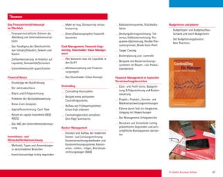 St. Gallen Business School 67
Themen
Das Finanzwirtschaftskonzept
im Überblick
Finanzwirtschaftliche Grössen als
Abbildung von Unternehmensresul-
taten
Das Paradigma des Gleichschritts
von Umsatz/Volumen, Gewinn und
Kosten
Zielharmonisierung im Hinblick auf
Liquidität, Rentabilität/Sicherheit
Unternehmensziele quantiﬁzieren
Financial Basics
Grundzüge der Buchführung
Der Jahresabschluss
Bilanz und Erfolgsrechnung
Probleme der Beständebewertung
Break-Even-Analysen
Kapitalﬂussrechnung, Cash Flow
Return on capital investment (ROI/
ROCE)
Das ABC der Unternehmensbesteue-
rung
Investitions- und
Wirtschaftlichkeitsrechnung
Methodik, Typen und Anwendungen
in verschiedenen Branchen
Investitionsanträge richtig begründen
Make-or-buy, Outsourcing versus
Insourcing
Diversiﬁkationsprojekte ﬁnanziell
beurteilen
Cash Management, Financial-Engi-
neering, Shareholder Value Manage-
ment
Wie bekommt man die Liquidität in
den Griff?
Mittelausstattung und Finanzie-
rungsregeln
Das Shareholder-Value-Konzept
Controlling
Controlling-Kennzahlen
Beispiel eines wirksamen
Controllingsystems
Aufbau von Frühwarnsystemen:
Krisen früh erkennen
Controllingberichte verstehen:
One-Page Summaries
Kosten-Management
Konzept und Aufbau der modernen
Kosten- und Leistungsrechnung:
Kostenverrechnungsmethoden und
Kostenrechnungssysteme, Kosten-
arten, -stellen, -träger, Betriebsab-
rechnungsbogen (BAB)
Kalkulationssysteme, Stückkalku-
lation
Deckungsbeitragsrechnung: Teil-
versus Vollkostenrechnung, Pro-
gramm-Optimierung, ﬂexible Prei-
suntergrenzen, Break-Even-Point
Target Costing
Kostenplanung und -kontrolle
Beispiele von Kostenrechnungs-
systemen im Absatz- und Produk-
tionsbereich
Financial Management in typischen
Verantwortungsbereichen
Cost- und Proﬁt-Units: Budgetie-
rung, Erfolgsrechnung und Kosten-
steuerung
Projekt-, Produkt-, Service- und
Marktverantwortungsrechnungen
Führen durch Soll-Ist-Vergleiche,
Umgang mit Abweichungen
Der Management-Erfolgsbericht
Resultate und Entscheide richtig
präsentieren, begründen und wirt-
schaftliche Konsequenzen darstel-
len
Budgetieren und planen
Budgettypen und Budgetaufbau:
Schlank und rasch Budgetieren
Der Budgetierungsprozess:
Best Practices
 