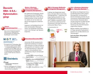 St. Gallen Business School 75
Übersicht
MBA-  B.A.-
Diplomstudien-
gänge
Universitäre 24-36-monatige berufs-
begleitende Ausbildung mit akademi-
schem Abschluss für obere und oberste
Führungskräfte mit mindestens 10 Jah-
ren Führungserfahrung im oberen Ma-
nagement und vorhandenem Hoch-
schulabschluss. Besuch internationaler
Seminare:
Strategy Week at Harvard Club of
Boston, Boston
Leadership Week at Harvard Club of
Boston, Boston
Finance Week at London School of
Economics (LSE), London
Asia Week: Doing Business in Asia
International Executive MBA *
Unsere
Kooperationspartner
Der akademische Studiengang, welcher
berufsbegleitend über 24-36 Monate
erworben werden kann, richtet sich an
Studienteilnehmer im Alter ab 28 Jah-
ren, welche sich auf eine obere und
oberste Führungsposition vorbereiten
wollen.
Zugelassen sind Kandidaten/innen mit
einem postsekundären Bildungsab-
schluss und mehrjähriger Praxiserfah-
rung in einer Führungs- oder Spezialis-
tenposition.
Master of Business
Administration (MBA) –
in Integrated Management *
** Der B.A.-Studiengang wird in Koopera-
tion mit dem SCMT bwz. der Steinbeis
University Berlin durchgeführt.
* Die akademischen Studiengänge «Mas-
ter of Business Administration (MBA)
– in Integrated Management» und «In-
ternational Executive MBA» werden von
der Alpen-Adria-Universität Klagenfurt
in Zusammenarbeit und Kooperation
mit der St.Galler Business School an-
geboten.
Das 3jährige berufsbegleitende Execu-
tive Bachelorstudium liefert jüngeren
Führungskräften und Spezialisten –
dank der Verbindung zwischen der pra-
xisorientierten Projektvorgehensmetho-
dik der Steinbeis-Hochschule Berlin
und dem Integrierten St.Galler Konzept
der St.Galler Business School – ein
maximal auf die Unternehmenspraxis
ausgerichtetes Studium.
Modular aufgebaut, Seminarblöcke zu
2–4 Tagen, gecoachte Projektarbeiten –
Studieren fern von Massenbetrieb und
Theorielastigkeit.
Auch ohne Abitur, falls genügend
Praxisnachweis.
B.A. in Business Administra-
tion – Executive Bachelor **
2-jährige, berufsbegleitende Ausbil-
dung in «European Multicultural Integ-
rated Management» – ausgerichtet auf
jüngere Nachwuchskräfte mit noch
wenig Managementerfahrung. Insge-
samt 15 Module, vornehmlich in Kra-
kau, bestehend aus Wochenend-Prä-
senzseminaren und Study Trips mit an-
schliessender Master Thesis.
MBA in European Multicultu-
ral Integrated Management
Dank unseren Kooperationspartnern
stellen wir eine problemlose An-
schlussfähigkeit der akademischen
Ausbildungen in der EU sicher.
In Zusammenarbeit mit:
upgradeS
your
perSpective.
Seite 22
Seite 20
Seite 24 Seite 26
 