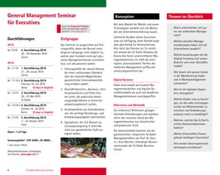 8 St. Gallen Business School
Durchführungen
General Management Seminar
für Executives
Das Seminar ist ausgerichtet auf Füh-
rungskräfte, denen der Besuch eines
längeren Lehrgangs nicht möglich ist,
welche aber trotzdem nicht auf aktu-
ellstes Managementwissen verzichten
bzw. sich aktualisieren wollen:
1. Führungskräfte der oberen Ebenen,
die einen umfassenden Überblick
über die neuesten Möglichkeiten
ganzheitlicher Unternehmensfüh-
rung erhalten wollen.
2. Geschäftsbereichs-, Business- Unit-
Verantwortliche und Proﬁt-Cen-
ter-Leiter, die praktische Umset-
zungsmöglichkeiten in ihrem Ver-
antwortungsbereich suchen.
3. Verantwortliche von Zentralfunktio-
nen, die wichtige Gestaltungs- und
Entwicklungsaufgaben wahrnehmen.
4. Spezialisten, die sich Wissen zur
Leistungssteigerung in ihrem Be-
reich aus ganzheitlicher Sicht an-
eignen wollen.
Mit dem Wandel der Märkte und neuen
Technologien wandeln sich die Metho-
den der Unternehmensführung rasant.
Zahlreiche Ansätze stehen Executives
zwar zur Verfügung, diese Vielzahl sorgt
aber gleichzeitig für Verunsicherung.
Hier setzt das Seminar an: Es vermit-
telt anhand des St.Galler Ansatzes die
Essenz des heute unverzichtbaren Ma-
nagementwissens. Es stellt die wich-
tigsten, praxiserprobten Themen des
modernen Managements griffig und
umsetzungsorientiert dar.
Digital Business
Dabei wird sowohl auf neueste Ma-
nagementpraktiken und digitale Ge-
schäftsmodelle als auch auf bewährtes
Managementwissen zurückgegriffen.
Referenten und Methodik
Die erfahrenen Referenten genügen
höchsten Anforderungen und repräsen-
tieren den neuesten Stand des Ma-
nagementwissens aus theoretischer
und praktischer Sicht.
Die Seminarinhalte basieren auf der
ganzheitlichen, integrierten St.Galler
Managementlehre von Prof. Dr. Dres.
h.c. Knut Bleicher, ehemaliger Beirats-
vorsitzender der St.Galler Business
School.
2018
Nr.11418 4. Durchführung 2018
26.–29. November 2018
Zürich
2019
Nr. 11119 1. Durchführung 2019
21.–24. Januar 2019
Zürich
Nr. 11119-E 2. Durchführung 2019
February 18–22, 2019
Davos (5 days in English)
Nr. 11219 3. Durchführung 2019
20.–23. Mai 2019
St.Gallen
Nr. 11219-E 4. Durchführung 2019
October 14–18, 2019
Berlin (5 days in English)
Nr. 11319 5. Durchführung 2019
7.–10. Oktober 2019
Flims
Dauer: 1x4 Tage
Seminargebühr*: CHF 5400.–/€ 4900.–
* zzgl. gesetzl. MwSt.
Detailinformationen, Anmeldung
via Internet: www.sgbs.ch/11
Zielgruppe
Worin unterscheidet sich gu-
tes von schlechtem Manage-
ment?
Welche aktuellen Manage-
mentkonzepte haben sich bei
Unternehmen bewährt?
Welche Auswirkungen hat die
«Digital Economy» auf unsere
Branche und unser Geschäfts-
modell?
Wie lassen sich grosse Lücken
in der Marktleistung ﬁnden
und in Marktanteilsgewinne
ummünzen?
Wie ist mit digitalen Angrei-
fern umzugehen?
Welche Hürden sind zu beseiti-
gen, um das volle Leistungspo-
tential von Mitarbeitenden zu
erreichen und Veränderungs-
prozesse rasch zu bewältigen?
Welches sind die Dos  Don'ts
meines Kommunikationsver-
haltens?
Welche (ﬁnanziellen) Steuer-
grössen benötigen Executives?
Wie werden Gewinnpotentiale
konsequent erschlossen?
Konzeption Themen im Überblick
Auch als Corporate Program
intern deutschoderenglisch
buchbar. inhouse@sgbs.ch
 