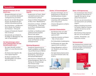 St. Gallen Business School 9
Themen
Managementkonzepte, die man
kennen muss
Managementkonzepte von heute:
Der sich verschärfende Wettbewerb
und Digitalisierung als Auslöser
Bausteine des St. Galler Management
Ansatzes: Das Netzwerk der ganz-
heitlichen Unternehmenssteuerung
Das Unternehmens- und Menschen-
bild im Wandel: Das Produktivi-
täts-Paradoxon - Führung 4.0
Umgang mit Komplexität, Skalenef-
fekte im Zentrum
Konzeptionelle und methodische
Grundlagen für Manager/innen: Wo
habe ich Nachholbedarf?
Von Spitzenleistungen anderer
lernen: Diskontinuitäten und neue
Geschäftsmodelle nutzen
Das eigene Geschäft verstehen:
Ändern sich unsere Branchenstruk-
turen?
Den Konkurrenten begreifen: Wie
ticken digitale Angreifer?
Den Besten nachahmen: Wer
Geschäftsmodelle nicht anpasst,
geht hohe Risiken ein
Strategische Führung und digitale
Angreifer
Kundennutzen als Fixstern: Markt-
und bedürfnisorientierte Unter-
nehmenskulturen aufbauen
Analyse der Markt-Erfolgspotentiale
als Basis echter Marktkompetenz
Instrumente zur Umsatz- und Markt-
anteilsausweitung - Erfahrungen
aus der Praxis schnellwachsender
Unternehmen
Suchfelder zur Schaffung kunden-
problemorientierter Produkte:
Klassisch oder digital?
Wettstreit der Kompetenzen:
Evaluation der eigenen Kernkompe-
tenzen und Potenziale von Netz-
werkorganisationen
Marketing-Management
Strategische Segmentierung von
Kunden und Märkten zur Dynamisie-
rung und Absicherung von Märkten
Anspruchsvolle Markenführung:
Brand Naming - Brand Design -
Internationale Markenpraxis
«Best Practices» im Marketing und
Verkaufsmanagement: Wann ist ein
Redesign des Verkaufsmanage-
ment-Ansatzes nötig?
Marktstrategien für überdurch-
schnittlichen Erfolg
Struktur-  Prozessmanagement
Disruptive Technologien, die eine
Neugestaltung von Identität und
Geschäftsprozessen erfordern
Strukturgestaltung und Fähigkeits-
entwicklung: SGFs und Business
Units richtig stanzen
Schlankes Management als Wachs-
tumsbremse?
Leadership  Kommunikation
Das Potential echter sich selbst
führender Teams: Welche Rolle
spielt der Chef?
Leadership entwickeln und fördern
– Was ist heute anders?
Der Schlüsselfaktor Sozialkompetenz
Die Wirksamkeit der eigenen Ma-
nagement-Kraft vervielfachen
Change Management und Re-in-
vent: Bewährte und neue Vorge-
hensweisen
Das eigene Kommunikationsverhal-
ten auf den Prüfstand stellen: Dos
 Don'ts.
Themenblöcke
Kosten-  Ertragssteuerung
Die entscheidenden «Value Drivers»
zur integrierten Steuerung der Er-
tragskraft: Wo liegt bei uns das
grösste Potenzial brach?
Wie kann man den Unternehmens-
wert kontinuierlich und nachhaltig
steigern?
Effektive Controlling-Instrumente
für Praktiker: Modernes Finanzma-
nagement für Exectives auf den
Punkt gebracht
Benchmarking richtig eingesetzt:
Wie lerne ich von den Besten?
Cashﬂow-, Rentabilitäts- und
Kostenziele erreichen
Seminarunterlagen
Die Teilnehmer/innen erarbeiten wäh-
rend des Seminars Arbeitsinstrumente,
Simulationsmodelle und Checklisten
für die eigene Praxis.
Andreas Rippberger, Dipl.-Betr.-Wirt
Dozent der St.Galler Business School
MANAGEMENT
Bleicher,Abegglen
DASKONZEPT
INTEGRIERTESMANAGEMENT
DAS KONZEPT
INTEGRIERTES
MANAGEMENT
Knut Bleicher
mit Christian Abegglen
Visionen – Missionen –
Programme
St. Galler
Management-
Konzept
9., aktualisierte und erweiterte
Auflage des Standardwerks
Der ganzheitliche Ansatz des St. Galler Management-Konzepts hat das
Denken und Handeln unzähliger Manager nachhaltig beeinflusst. In
diesem Standardwerk der Management-Lehre von Knut Bleicher fin-
den Führungskräfte den Gestaltungsrahmen für die Zukunftssicherung
ihrer Unternehmung. Das Buch transformiert komplexes Wissen in
hohen Lesernutzen.
Diese von Christian Abegglen komplett überarbeitete Auflage führt
den Leser zusätzlich mit dem neuen St. Galler Wissensnavigator beim
Nachschlagen, Querlesen und Umsetzen von der Theorie hin zur
Praxis der integrierten Unternehmungsentwicklung.
Jetzt mit St. Galler Startpaket!
Mit Zusatzmaterialien zum Download: Exklusiv für Leser dieses Buches
stehen Arbeitspapiere, Schautafeln, Roadmaps und Anleitungen digital
bereit.
»Der Orientierungsrahmen für ganzheitliches Management!
Ein langlebiger, großartiger Wurf!«
Prof. Dr. Dr. h.c. mult. Peter Horváth, Universität Stuttgart
»Eine der grundlegenden Schriften der modernen Management-Lehre.
Ein zeitloser Ratgeber für die Praxis und Grundlage zur Entwicklung
unternehmensindividueller und dauerhafter Strategien.«
Dr. U. M. Schneider, CEO, Nestlé S.A.
»Ein Management-Leitfaden der besonderen Art – praxistaugliche
Modelle werden prägnant aufgezeigt. Eine wichtige Lektüre und ein
Nachschlagewerk für Theorie und Praxis gleichermaßen.«
Dr. Manfred Wittenstein, Aufsichtsratvorsitzender der WITTENSTEIN SE
»Integriertes Management – ein griffiges Konzept, das alltags-
taugliche und praxisorientierte Denkanstöße liefert, wie Visionen
und Strategien erfolgreich umgesetzt werden können.«
Bettina Würth, Vorsitzende des Beirats der Würth-Gruppe
ISBN 978-3-593-50599-2
€64,00[ D ]
9. Auflage
 