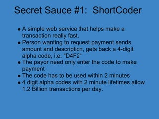 Secret Sauce #1: ShortCoder
A simple web service that helps make a
transaction really fast.
Person wanting to request paym...