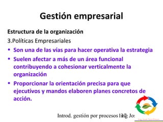 Introd. gestión por procesos ing Jose Szarfman117
Estructura de la organización
3.Políticas Empresariales
• Son una de las...