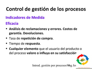 Introd. gestión por procesos ing Jose Szarfman94
Indicadores de Medida
Eficacia
• Análisis de reclamaciones y errores. Cos...