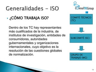  ¿CÓMO TRABAJA ISO?
10
COMITÉ TÉCNICO
(TC)
SUBCOMITÉ (SC)
GRUPO DE
TRABAJO (WG)
Dentro de los TC hay representantes
más c...