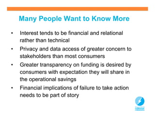 Many People Want to Know More
•   Interest tends to be financial and relational
    rather than technical
•   Privacy and data access of greater concern to
    stakeholders than most consumers
•   Greater transparency on funding is desired by
    consumers with expectation they will share in
    the operational savings
•   Financial implications of failure to take action
    needs to be part of story

                                                       14
 