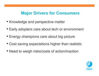 Major Drivers for Consumers

• Knowledge and perspective matter
• Early adopters care about tech or environment
• Energy champions care about big picture
• Cost saving expectations higher than realistic
• Need to weigh risks/costs of action/inaction


                                                   15
 