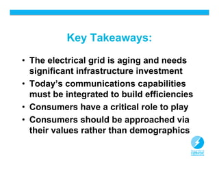Key Takeaways:
• The electrical grid is aging and needs
  significant infrastructure investment
• Today’s communications capabilities
  must be integrated to build efficiencies
• Consumers have a critical role to play
• Consumers should be approached via
  their values rather than demographics

                                             24
 
