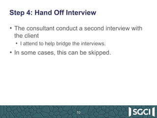 Step 4: Hand Off Interview
• The consultant conduct a second interview with
the client
• I attend to help bridge the interviews.
• In some cases, this can be skipped.
10
 