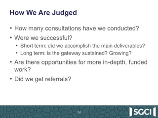 How We Are Judged
• How many consultations have we conducted?
• Were we successful?
• Short term: did we accomplish the main deliverables?
• Long term: is the gateway sustained? Growing?
• Are there opportunities for more in-depth, funded
work?
• Did we get referrals?
14
 