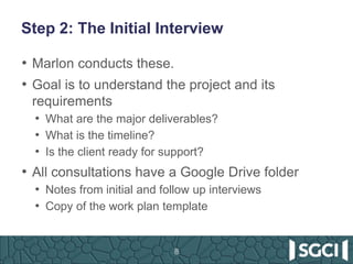 Step 2: The Initial Interview
• Marlon conducts these.
• Goal is to understand the project and its
requirements
• What are the major deliverables?
• What is the timeline?
• Is the client ready for support?
• All consultations have a Google Drive folder
• Notes from initial and follow up interviews
• Copy of the work plan template
8
 