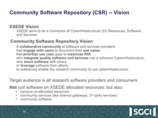 Community  Software  Repository  (CSR)  -­-­ Vision
XSEDE  Vision
XSEDE  aims  to  be  a  Connector  of  Cyberinfrastructu...