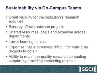 Sustainability via On-Campus Teams
•  Great visibility for the institution’s research
activities
•  Synergy effects between projects
•  Shared resources, costs and expertise across
departments
•  Lower learning curves
•  Expertise that is otherwise difficult for individual
projects to obtain
•  Ability to retain top-quality research computing
support by providing interesting projects
31
 