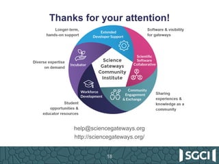 Thanks for your attention!
help@sciencegateways.org
http://sciencegateways.org/
18
 