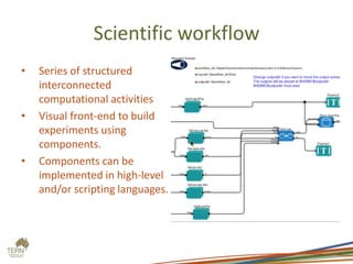 Scientific workflow
• Series of structured
interconnected
computational activities
• Visual front-end to build
experiments using
components.
• Components can be
implemented in high-level
and/or scripting languages.
 