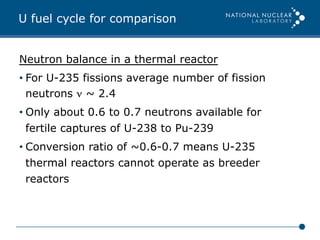 U fuel cycle for comparison
Neutron balance in a thermal reactor
• For U-235 fissions average number of fission
neutrons ν ~ 2.4
• Only about 0.6 to 0.7 neutrons available for
fertile captures of U-238 to Pu-239
• Conversion ratio of ~0.6-0.7 means U-235
thermal reactors cannot operate as breeder
reactors
 