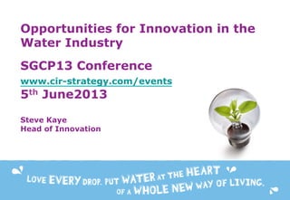 Opportunities for Innovation in the
Water Industry
SGCP13 Conference
www.cir-strategy.com/events
5th June2013
Steve Kaye
Head of Innovation
 