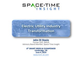 Electric	
  U*lity	
  Industry	
  
Transforma*on	
  
6th	
  SMART	
  GRIDS	
  &	
  CLEANPOWER	
  
Cambridge,	
  UK	
  	
  	
  
June	
  4,	
  2014	
  
www.hvm-­‐uk.com	
  
John	
  Di	
  Stasio	
  
Former	
  CEO,	
  SMUD	
  
Advisory	
  Board	
  Member,	
  Space-­‐Time	
  Insight	
  
 