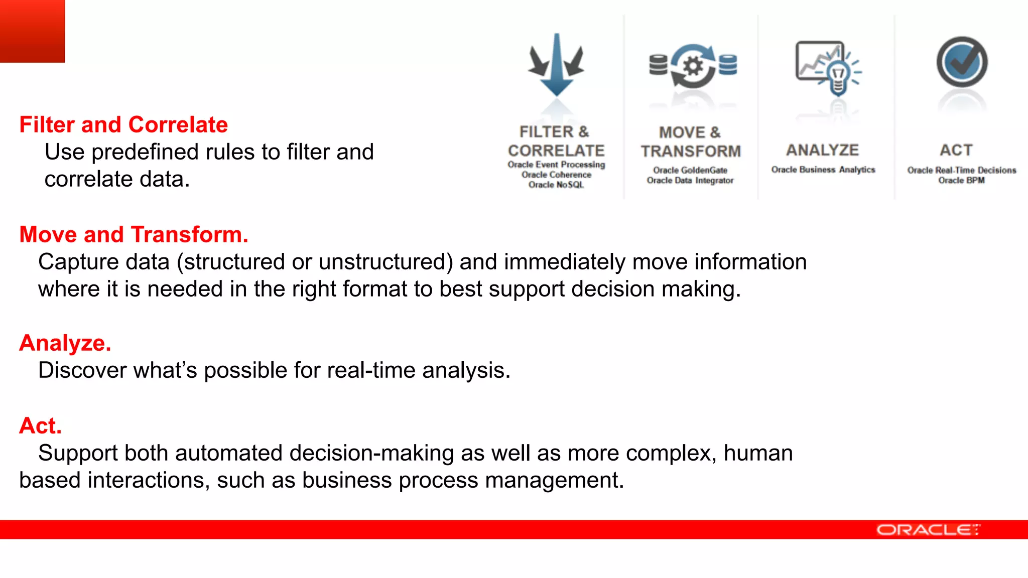Filter and Correlate
Use predefined rules to filter and
correlate data.
Move and Transform.
Capture data (structured or unstructured) and immediately move information
where it is needed in the right format to best support decision making.
Analyze.
Discover what’s possible for real-time analysis.
Act.
Support both automated decision-making as well as more complex, human
based interactions, such as business process management.
 