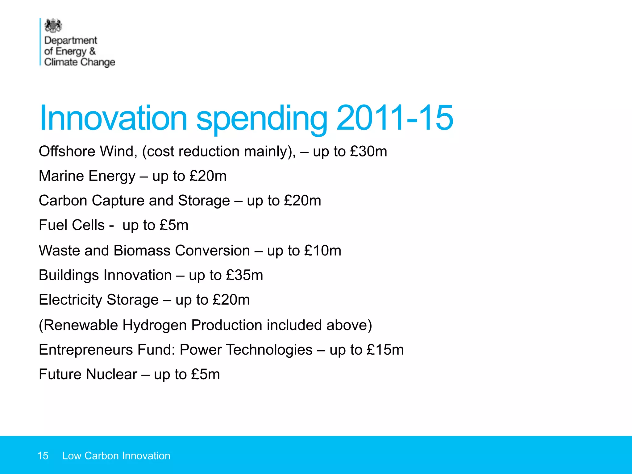 Innovation spending 2011-15
15 Low Carbon Innovation
Offshore Wind, (cost reduction mainly), – up to £30m
Marine Energy – up to £20m
Carbon Capture and Storage – up to £20m
Fuel Cells - up to £5m
Waste and Biomass Conversion – up to £10m
Buildings Innovation – up to £35m
Electricity Storage – up to £20m
(Renewable Hydrogen Production included above)
Entrepreneurs Fund: Power Technologies – up to £15m
Future Nuclear – up to £5m
 