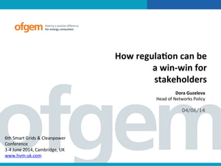How	
  regula+on	
  can	
  be	
  
a	
  win-­‐win	
  for	
  
stakeholders	
  
Dora	
  Guzeleva	
  
Head	
  of	
  Networks	
  Policy	
  
04/06/14
6th	
  Smart	
  Grids	
  &	
  Cleanpower	
  
Conference	
  	
  
3-­‐4	
  June	
  2014,	
  Cambridge,	
  UK	
  
www.hvm-­‐uk.com	
  
 