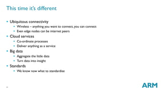 11
§  Ubiquitous connectivity
§  Wireless – anything you want to connect, you can connect
§  Even edge nodes can be internet peers
§  Cloud services
§  Co-ordinate processes
§  Deliver anything as a service
§  Big data
§  Aggregate the little data
§  Turn data into insight
§  Standards
§  We know now what to standardise
This time it’s different
 