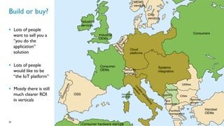 24
§  Lots of people
want to sell you a
“you do the
application”
solution
§  Lots of people
would like to be
“the IoT platform”
§  Mostly there is still
much clearer ROI
in verticals
Build or buy?
Cloud
platforms"
Chip
vendors"
MEMS
vendors"
Systems
integrators"
Handset
OEMs"
Consumer
OEMs"
Food
processors"
Chemical
reﬁners"
Factories"
Facilities
management"
Consumer hardware startups"
Consumer
services" Cities"
Utilities"
Industrial
services"
Industrial
OEMs"
OSS"
Consumers"
Logistics"
Security
services"
 