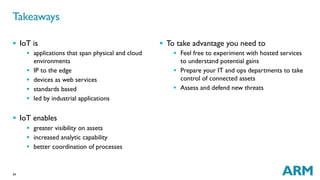34
§  IoT is
§  applications that span physical and cloud
environments
§  IP to the edge
§  devices as web services
§  standards based
§  led by industrial applications
§  IoT enables
§  greater visibility on assets
§  increased analytic capability
§  better coordination of processes
§  To take advantage you need to
§  Feel free to experiment with hosted services
to understand potential gains
§  Prepare your IT and ops departments to take
control of connected assets
§  Assess and defend new threats
Takeaways
 