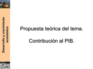 Desarrolloycrecimiento
económico
Propuesta teórica del tema.Propuesta teórica del tema.
Contribución al PIB.Contribución al PIB.
 
