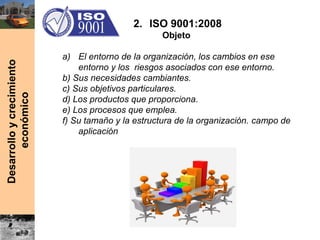 Desarrolloycrecimiento
económico 2. ISO 9001:2008
Objeto
a) El entorno de la organización, los cambios en ese
entorno y los riesgos asociados con ese entorno.
b) Sus necesidades cambiantes.
c) Sus objetivos particulares.
d) Los productos que proporciona.
e) Los procesos que emplea.
f) Su tamaño y la estructura de la organización. campo de
aplicación
 