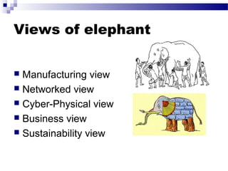 Views of elephant
 Manufacturing view
 Networked view
 Cyber-Physical view
 Business view
 Sustainability view
 