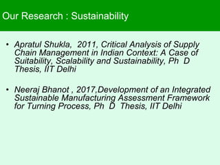 Our Research : Sustainability
• Apratul Shukla, 2011, Critical Analysis of Supply
Chain Management in Indian Context: A Case of
Suitability, Scalability and Sustainability, Ph D
Thesis, IIT Delhi
• Neeraj Bhanot , 2017,Development of an Integrated
Sustainable Manufacturing Assessment Framework
for Turning Process, Ph D Thesis, IIT Delhi
 