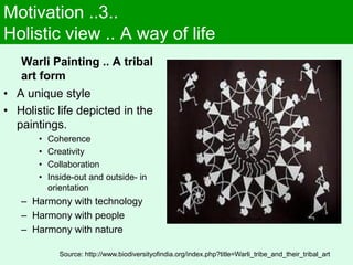 Motivation ..3..
Holistic view .. A way of life
Warli Painting .. A tribal
art form
• A unique style
• Holistic life depicted in the
paintings.
• Coherence
• Creativity
• Collaboration
• Inside-out and outside- in
orientation
– Harmony with technology
– Harmony with people
– Harmony with nature
Source: http://www.biodiversityofindia.org/index.php?title=Warli_tribe_and_their_tribal_art
 