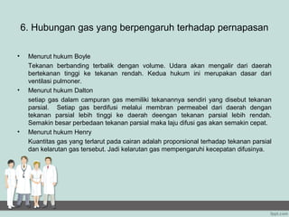 6. Hubungan gas yang berpengaruh terhadap pernapasan

•    Menurut hukum Boyle
     Tekanan berbanding terbalik dengan volume. Udara akan mengalir dari daerah
     bertekanan tinggi ke tekanan rendah. Kedua hukum ini merupakan dasar dari
     ventilasi pulmoner.
•    Menurut hukum Dalton
     setiap gas dalam campuran gas memiliki tekanannya sendiri yang disebut tekanan
     parsial. Setiap gas berdifusi melalui membran permeabel dari daerah dengan
     tekanan parsial lebih tinggi ke daerah deengan tekanan parsial lebih rendah.
     Semakin besar perbedaan tekanan parsial maka laju difusi gas akan semakin cepat.
•    Menurut hukum Henry
     Kuantitas gas yang terlarut pada cairan adalah proporsional terhadap tekanan parsial
     dan kelarutan gas tersebut. Jadi kelarutan gas mempengaruhi kecepatan difusinya.
 