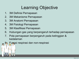 Learning Objective
1. 3M Definisi Pernapasan
2. 3M Mekanisme Pernapasan
3. 3M Anatomi Pernapasan
4. 3M Fisiologi Pernapasan
5. 3M Klasifikasi Pernapasan
6. Hubungan gas yang berpengaruh terhadap pernapasan
7. Pola pernapasan berpengaruh pada ketinggian &
   kedalaman
8. Fungsi respirasi dan non-respirasi
 