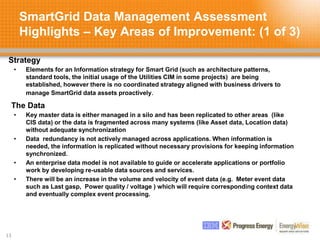 13
SmartGrid Data Management Assessment
Highlights – Key Areas of Improvement: (1 of 3)
• Elements for an Information strategy for Smart Grid (such as architecture patterns,
standard tools, the initial usage of the Utilities CIM in some projects) are being
established, however there is no coordinated strategy aligned with business drivers to
manage SmartGrid data assets proactively.
Strategy
The Data
• Key master data is either managed in a silo and has been replicated to other areas (like
CIS data) or the data is fragmented across many systems (like Asset data, Location data)
without adequate synchronization
• Data redundancy is not actively managed across applications. When information is
needed, the information is replicated without necessary provisions for keeping information
synchronized.
• An enterprise data model is not available to guide or accelerate applications or portfolio
work by developing re-usable data sources and services.
• There will be an increase in the volume and velocity of event data (e.g. Meter event data
such as Last gasp, Power quality / voltage ) which will require corresponding context data
and eventually complex event processing.
 