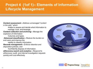 Project 4 (1of 1)– Elements of Information
Lifecycle Management
35
Content assessment—Address unmanaged “content
in the wild,” which
helps to assess and decide what information to
manage, trust, and leverage.
Content collection and archiving—Manage the
explosion of information
volumes and types.
Advanced classification—Reduce the burden on
end users and improve the
ability to classify information.
Records management—Enforce retention and
disposition policies, and
confidently dispose of information.
eDiscovery search and analytics—Respond to
eDiscovery, audit, and internal investigation requests
quickly and cost-effectively.
 
