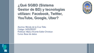 Alumna: Wendy de la Cruz Tello
Código: 1415220337
Profesor: Malca Vicente Eddie Christian
Curso: Base de datos
 