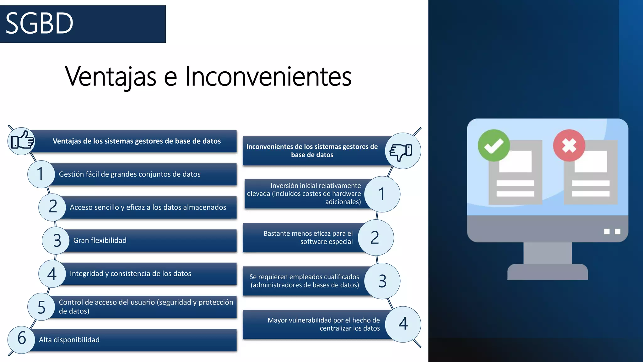Ventajas e Inconvenientes
Ventajas de los sistemas gestores de base de datos
Gestión fácil de grandes conjuntos de datos
Acceso sencillo y eficaz a los datos almacenados
Gran flexibilidad
Integridad y consistencia de los datos
Control de acceso del usuario (seguridad y protección
de datos)
Alta disponibilidad
Inconvenientes de los sistemas gestores de
base de datos
Inversión inicial relativamente
elevada (incluidos costes de hardware
adicionales)
Bastante menos eficaz para el
software especial
Se requieren empleados cualificados
(administradores de bases de datos)
Mayor vulnerabilidad por el hecho de
centralizar los datos
SGBD
1
2
3
4
5
6
1
2
3
4
 
