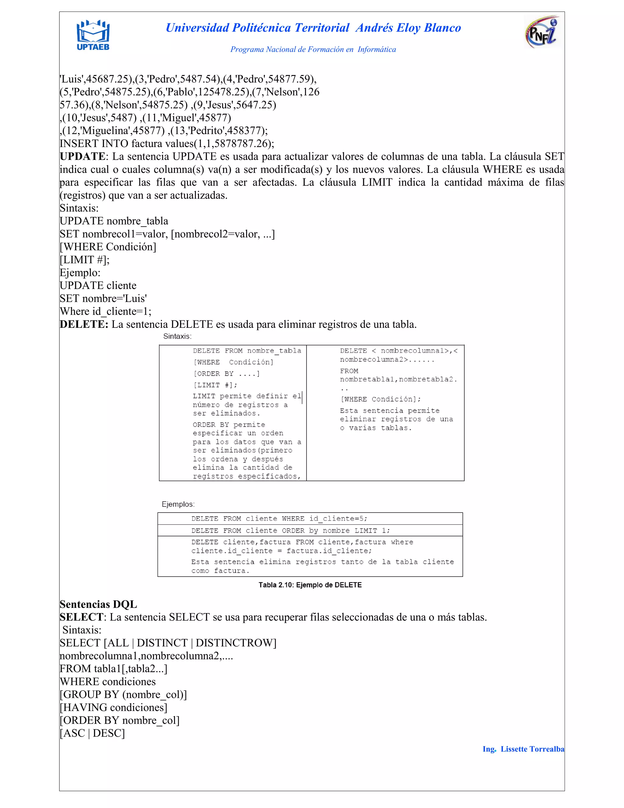 Universidad Politécnica Territorial Andrés Eloy Blanco
Programa Nacional de Formación en Informática
Ing. Lissette Torrealba
'Luis',45687.25),(3,'Pedro',5487.54),(4,'Pedro',54877.59),
(5,'Pedro',54875.25),(6,'Pablo',125478.25),(7,'Nelson',126
57.36),(8,'Nelson',54875.25) ,(9,'Jesus',5647.25)
,(10,'Jesus',5487) ,(11,'Miguel',45877)
,(12,'Miguelina',45877) ,(13,'Pedrito',458377);
INSERT INTO factura values(1,1,5878787.26);
UPDATE: La sentencia UPDATE es usada para actualizar valores de columnas de una tabla. La cláusula SET
indica cual o cuales columna(s) va(n) a ser modificada(s) y los nuevos valores. La cláusula WHERE es usada
para especificar las filas que van a ser afectadas. La cláusula LIMIT indica la cantidad máxima de filas
(registros) que van a ser actualizadas.
Sintaxis:
UPDATE nombre_tabla
SET nombrecol1=valor, [nombrecol2=valor, ...]
[WHERE Condición]
[LIMIT #];
Ejemplo:
UPDATE cliente
SET nombre='Luis'
Where id_cliente=1;
DELETE: La sentencia DELETE es usada para eliminar registros de una tabla.
Sentencias DQL
SELECT: La sentencia SELECT se usa para recuperar filas seleccionadas de una o más tablas.
Sintaxis:
SELECT [ALL | DISTINCT | DISTINCTROW]
nombrecolumna1,nombrecolumna2,....
FROM tabla1[,tabla2...]
WHERE condiciones
[GROUP BY (nombre_col)]
[HAVING condiciones]
[ORDER BY nombre_col]
[ASC | DESC]
 