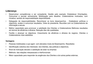 Liderança
• Desenvolver competências e ser competente. Gestão pelo exemplo. Estabelecer Orientações.
Comunicar e escutar activamente. Mobilização para desafios. Colaboradores motivados, com
iniciativa, sentido de responsabilidade disponibilidade.
• Delegação de responsabilidades. Reconhecer os bons desempenhos. . Estabelecer políticas e
objectivos, avaliar e comunicar resultados. Visita do presidente. Reuniões com os Colaboradores de
informação e escuta.
• Melhor capacidade para promover a satisfação dos Clientes e Colaboradores Melhores resultados
em termos de eficiência e eficácia. Redução das não qualidades.
• Facilita o alcançar os objectivos. Crescimento da eficiência e eficácia do negócio. Clientes e
Colaboradores mais satisfeitos
Vantagens
• Pessoas mobilizadas e que agem com elevados niveis de Desempenho. Resultados
• Identificação colectiva dos interesses dos Clientes, das politicas e objectivos,
• Nivel de motivação elevado e satisfação de estar na empresa
• Melhoria das relações interpessoais e interfuncionais
• Maior capacidade para responder às exigências dos Clientes e de outras partes externas.
 