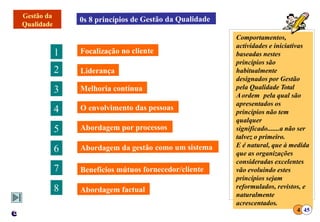 1
2
3
4
5
6
7
8
Comportamentos,
actividades e iniciativas
baseadas nestes
princípios são
habitualmente
designados por Gestão
pela Qualidade Total
Aordem pela qual são
apresentados os
princípios não tem
qualquer
significado.......a não ser
talvez o primeiro.
E é natural, que à medida
que as organizações
consideradas excelentes
vão evoluindo estes
princípios sejam
reformulados, revistos, e
naturalmente
acrescentados.
4 45
 