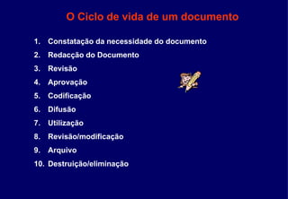 O Ciclo de vida de um documento
1. Constatação da necessidade do documento
2. Redacção do Documento
3. Revisão
4. Aprovação
5. Codificação
6. Difusão
7. Utilização
8. Revisão/modificação
9. Arquivo
10. Destruição/eliminação
 