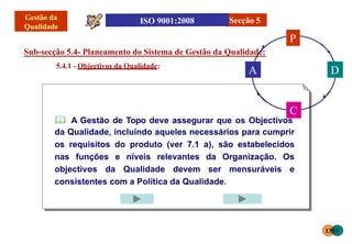  A Gestão de Topo deve assegurar que os Objectivos
da Qualidade, incluindo aqueles necessários para cumprir
os requisitos do produto (ver 7.1 a), são estabelecidos
nas funções e níveis relevantes da Organização. Os
objectivos da Qualidade devem ser mensuráveis e
consistentes com a Política da Qualidade.
5.4.1 - Objectivos da Qualidade:
Sub-secção 5.4- Planeamento do Sistema de Gestão da Qualidade:
Secção 5
P
D
C
A
1353
 