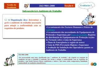 Secção 6
Sub-secção 6.4-Ambiente de Trabalho
 A Organização deve determinar e
gerir o ambiente de trabalho necessário
para atingir a conformidade com os
requisitos do produto.
Levantamento dos Factores Humanos e Físicos do
Ambiente
Levantamento das necessidades de Equipamento de
Protecção e Segurança, por Posto de Trabalho Registos
de distribuição de Equipamentos de Protecção Acções
de Formção sobre o tema da Segurança
Plano de Emergência (e registo de testes)
Guia de PHS-Prevenção Higiene e Segurança
Avaliação da Satisfação dos Operadores quanto ao
Ambiente de Trabalho
Evidências ?
ISO 9001-2008
Foi acrescentada uma nota, clarificando que “ ambiente de trabalho”, diz respeito ao conjunto de
condições em que o trabalho é realizado, por forma a atingir a conformidade com os requisitos do
produto, e que inclui factores físicos, ambientais, e outros ( tais como ruído, temperatura, humidade,
luminosidade ou condições atmosféricas.)
14 67
 