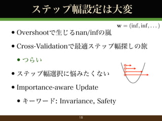 ƥå׷Oϴ
w = (inf, inf, . . . )

?Overshootnan/inf΍
?Cross-Validationmƥå׷̽
?Ĥ餤
?ƥå׷xkːߤʤ
?Importance-aware Update
?``: Invariance, Safety
18

 