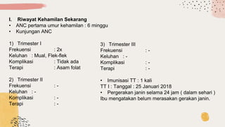 I. Riwayat Kehamilan Sekarang
• ANC pertama umur kehamilan : 6 minggu
• Kunjungan ANC
1) Trimester I
Frekuensi : 2x
Keluhan : Mual, Flek-flek
Komplikasi : Tidak ada
Terapi : Asam folat
2) Trimester II
Frekuensi : -
Keluhan : -
Komplikasi : -
Terapi : -
3) Trimester III
Frekuensi : -
Keluhan : -
Komplikasi : -
Terapi : -
• Imunisasi TT : 1 kali
TT I : Tanggal : 25 Januari 2018
• Pergerakan janin selama 24 jam ( dalam sehari )
Ibu mengatakan belum merasakan gerakan janin.
 