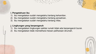 i. Pengetahuan ibu
1) Ibu mengatakan sudah mengetahui tentang kehamilan.
2) Ibu mengatakan sudah mengetahui tentang persalinan.
3) Ibu mengatakan sudah mengetahui tentang nifas.
j. Lingkungan yang berpengaruh
1) Ibu mengatakan lingkungan sekitar rumah tidak ada berpengaruh buruk.
2) Ibu mengatakan tidak memelihara hewan peliharaan dirumah.
 