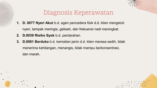 Diagnosis Keperawatan
1. D. 0077 Nyeri Akut b.d. agen pencedera fisik d.d. klien mengeluh
nyeri, tampak meringis, gelisah, dan frekuensi nadi meningkat.
2. D.0039 Risiko Syok b.d. perdarahan.
3. D.0081 Berduka b.d. kematian janin d.d. klien merasa sedih, tidak
menerima kehilangan, menangis, tidak mampu berkonsentrasi,
dan marah.
 