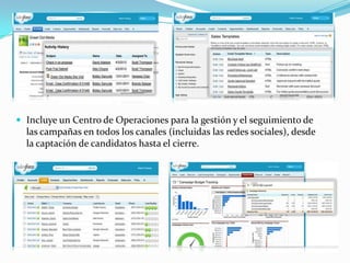  Incluye un Centro de Operaciones para la gestión y el seguimiento de
  las campañas en todos los canales (incluidas las redes sociales), desde
  la captación de candidatos hasta el cierre.
 
